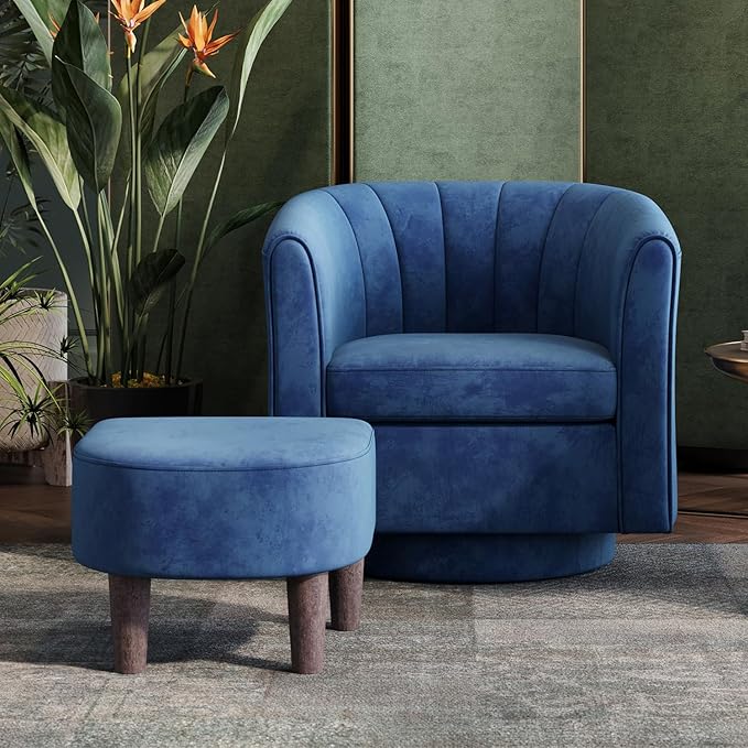 LINSY Swivel Accent Chair with Ottoman: Small Velvet Barrel Chair 360 Swivel Modern Armchair, Upholstered Reading Chair with Footrest for Living Room Bedroom Study Room (Blue)