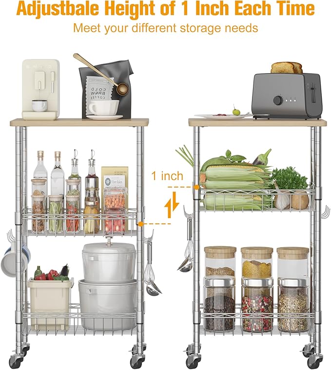 Rolling Kitchen Storage Cart, 3-Tier Storage Rack on Caster Wheels with Adjustable 2 Baskets, Coffee Station Cart Rack Shelf Organizer for Living Room Office, Balcony, Chrome/Silver