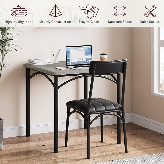 GarveeHome Dining Table Set for 2, Kitchen Table with 2 Upholstered Chairs, Wood Square Dining Table and Chairs Set for Small Space, Apartment, Dinner, Rustic Gray
