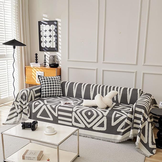 STACYPIK Simple Dark Grey Boho Sofa Cover for Sectional Soft Tassel Chenille Couch Cover for 3 Cushion Couch Reversible Loveseat Cover for Dogs Cats Non-Silp Furniture Cover Multi-Use Blanket-91x134IN