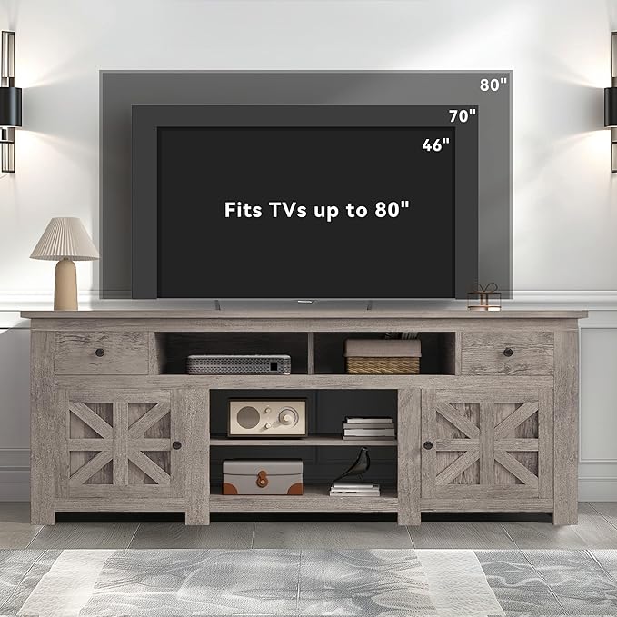 DWVO Farmhouse TV Stand for 75/80 Inches TVs, Entertainment Centers Furniture 30" Tall, TV Consoles with Storage Drawers & Power Outlet, Rustic TV Stands for Living Room, Washed Grey