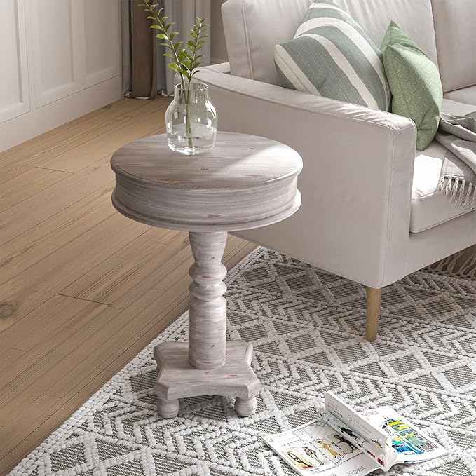 COSIEST Set of 2 Rustic Accent Side Table, Farmhouse Wood Pedestal Table Round End Table for Living Room, Bedroom, Distressed Whitewash Finish, Grey Color