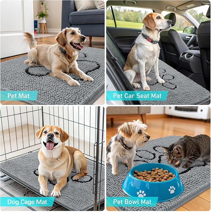 OLANLY Door Mat for Muddy Dog Paws 70x46, Ultra Absorbent Chenille Mud Doormat with Paw Print Design, Non-Slip Washable Doormat for Indoor Entryway, Quick-Dry Pet Bed Mats for Dirty Dogs, Grey