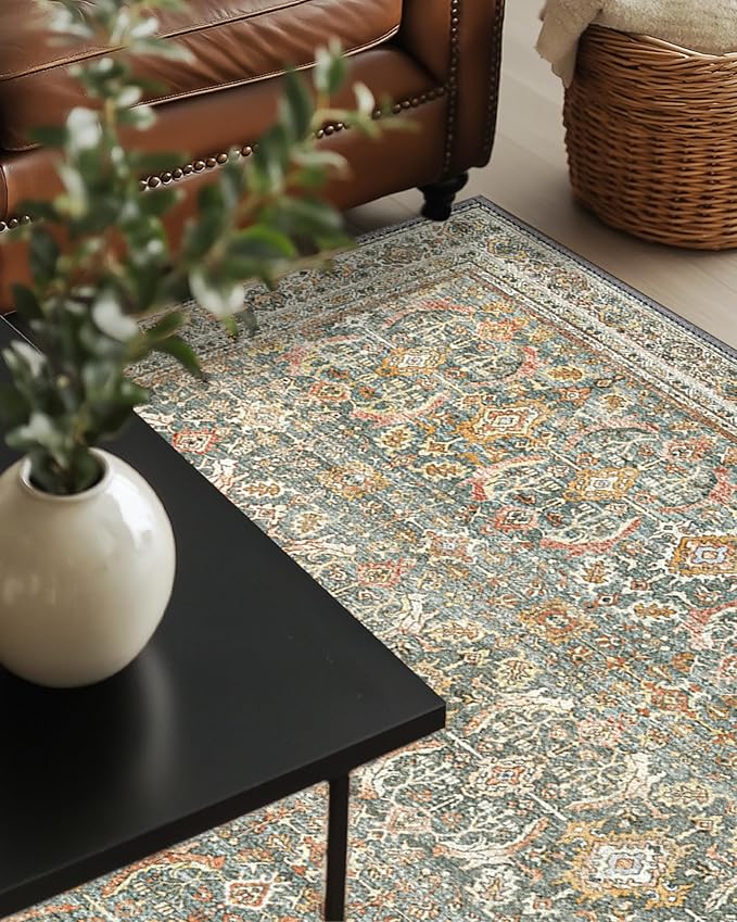 3X5 Area Rugs Machine Washable Rugs for Living Room, Vintage Boho Large Rugs for Bedroom Dining Room, Non Slip Indoor Soft Distressed Lightweight Thin Low Pile Carpet, Turmeric