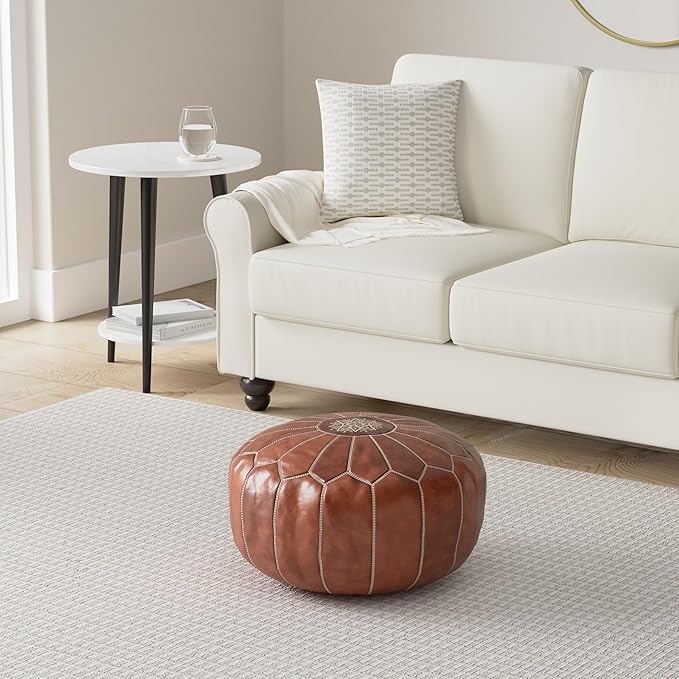 Marrakesh Gallery Genuine Leather Round Pouf Cover - Handmade Moroccan Ottoman Footstool, Unstuffed Footrest - Boho Decor - Bohemian Living Room, Bedroom, Kids Room - Housewarming Gift & Wedding