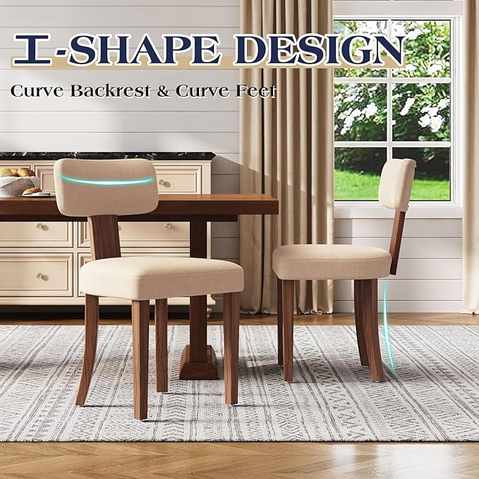 Farmhouse Chair Set of 4, Mid Century Modern Dining Chairs, Sherpa Upholstered Kitchen Chairs with Curved Backrest & Adjustable Legs for Living Room/Bedroom, Easy to Install, Beige Linen