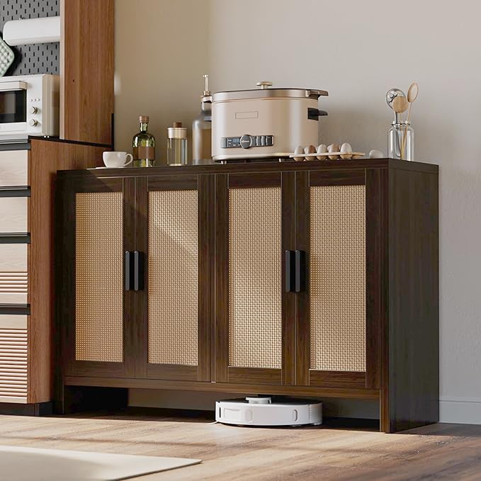 Rattan Buffet Cabinet with Storage, Sideboard Cabinet with Doors and Adjustable Shelves, Farmhouse Coffee Bar Station Table, Modern Wood Cupboard for Kitchen, Livingroom, Walnut