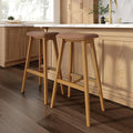 Plank+Beam Beryl Bar Height Stool - Mid-Century Modern Rubberwood Bar Stool with Faux Leather Seat, Metal Footrest, Easy Assembly, 2-Pack, Pecan/Toffee