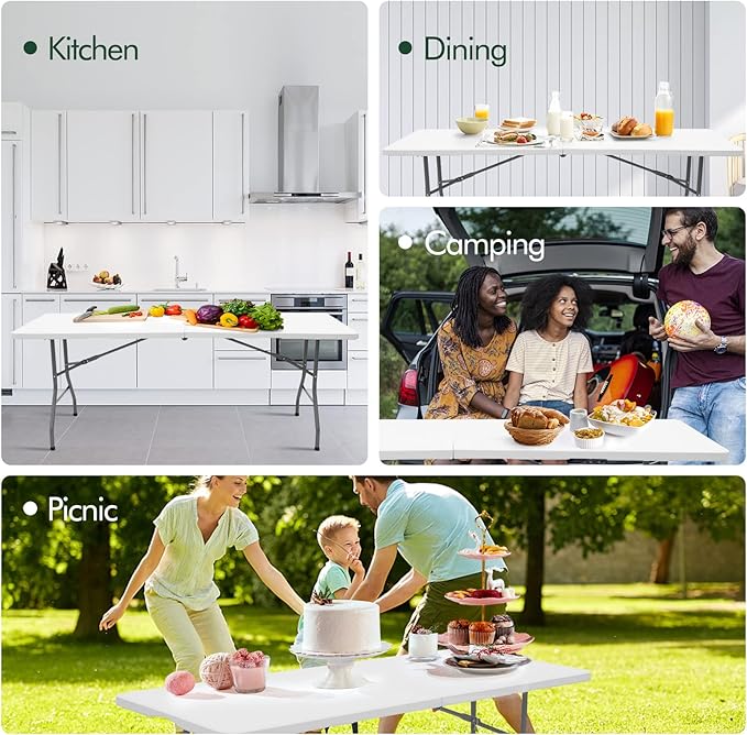 Folding Table 6ft Plastic Folding Table Indoor & Outdoor for Picnic, Camping,BBQ and Party, with Powder Coated Steel Legs and Built in Carry Handle, White