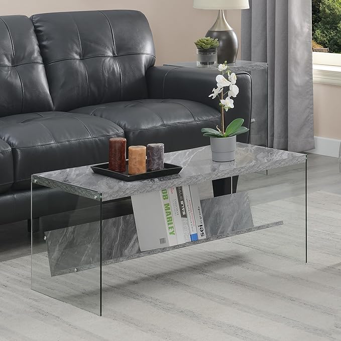Convenience Concepts SoHo Modern Living Storage Shelf, Contemporary Coffee Table for Family Room, 40", Gray Faux Marble/Glass
