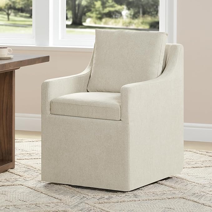 Upholstered Dining Chairs with Casters Washable Cover Side Deskchair with Rollers for Diningroom, Living Room, Cream Beige, 4 Box