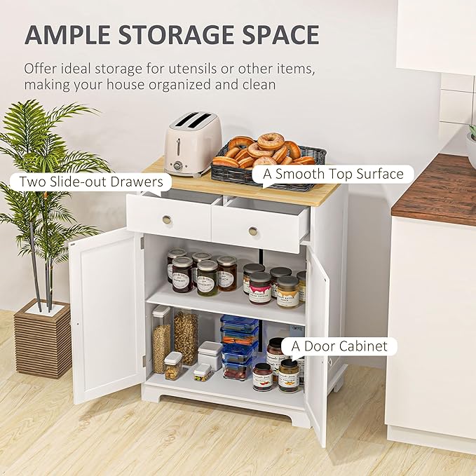 HOMCOM Sideboard with Solid Wood Countertop, Modern Kitchen Storage Cabinet, Coffee Bar Cabinet with 2 Drawers, Doors and Adjustable Shelf, Distressed White