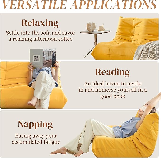 Bean Bag Chair, Loveseat Fireside Chair Bean Bag Sofa for Adults, 2 Seater Bean Bag Chairs for Teens with High-Resilience Foam, Memory Foam Bean Bag for Living Room, Bedroom, Office (Suede, Yellow)