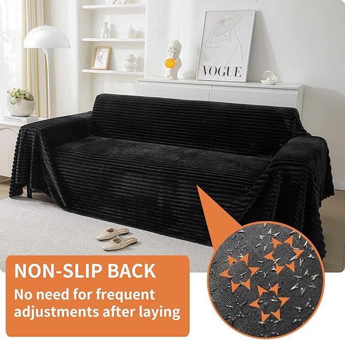 HAOMAIJIA Faux Fur Sofa Covers Couch Covers for 3 Cushion Couch Sofa Pet Friendly Soft Non Slip Couch Cover for Dogs Washable Sectional Couch Covers L Shape Furniture Protector (Black, 91"x134")