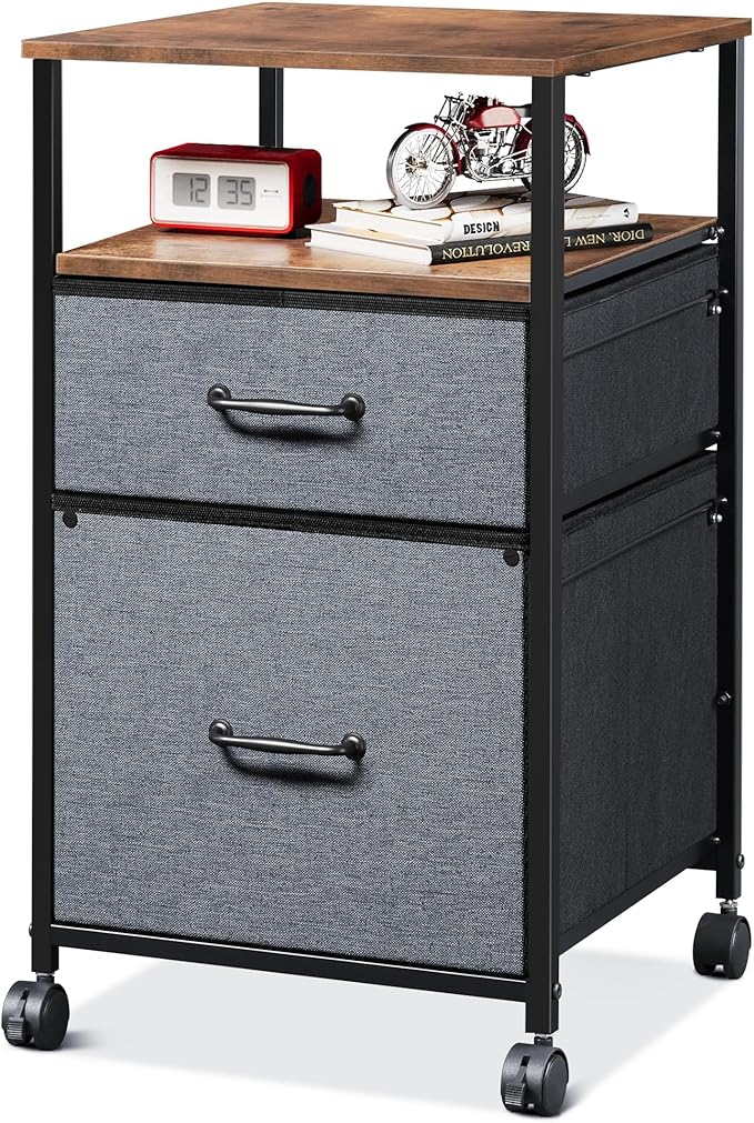 DEVAISE 2 Drawer Mobile File Cabinet, Rolling Printer Stand with Open Storage Shelf, Fabric Vertical Filing Cabinet fits A4 or Letter Size for Home Office, Rustic Brown