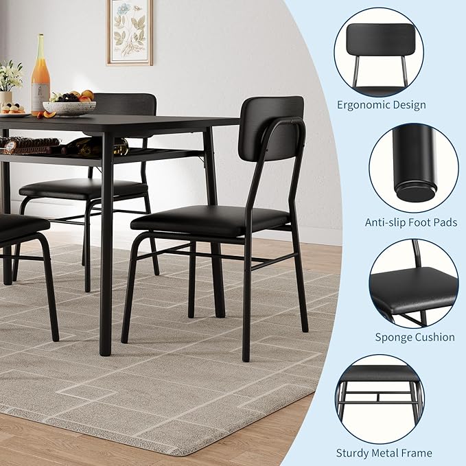 GarveeHome Dining Table for 2 with Storage Rack, Small Kitchen Table for 2 with Metal Frame, Square Table with Upholstered Chairs Set of 2, 3-Piece Dining Room Set for Small Space, Apartment, Black
