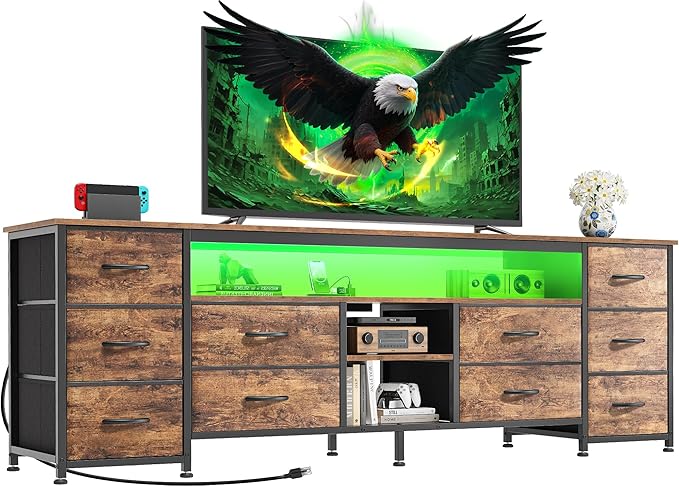 Huuger 63 Inch LED TV Stand Dresser with Power Outlets, USB-C Port and LED Lights, 10 Fabric Drawer Dresser for Bedroom, Long Entertainment Center for 65, 70 Inch TV, Open Shelves, Rustic Brown
