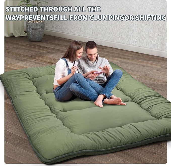Japanese Floor Mattress,4" Thicken Japanese Floor Sleeping Pad Foldable,Futon Mattress Suitable for Camping and Guest Room (Green, Full (80" X 47"))