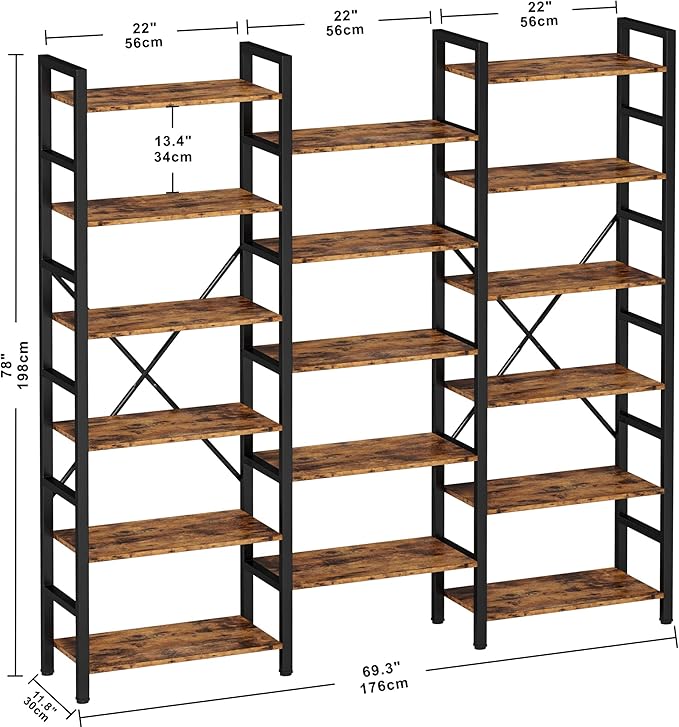 IRONCK Bookshelves 6 Tiers Triple Wide Industrial Bookshelf, Large Etagere Bookshelf Open Display Shelves with Metal Frame for Living Room Bedroom Home Office