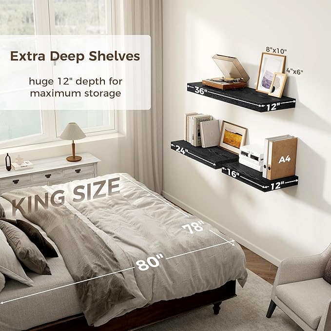 12 Inch Deep Black Floating Shelves, 24 x 12 Floating Shelf for Books, Rustic Wood Deep Wall Shelves for Home Storage & Display, 2" Thicked Shelves for Kitchen, Living Room, Bedroom, 2 Pack