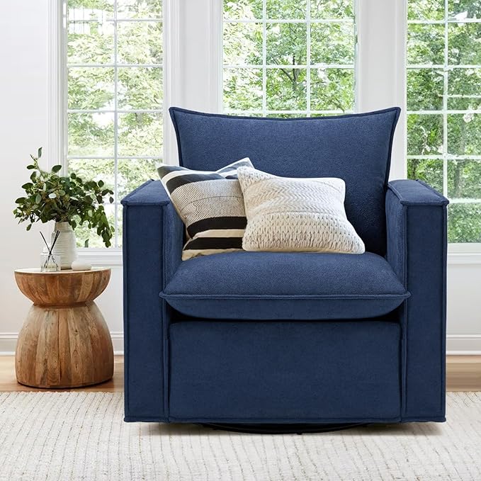 COLAMY Swivel Accent Chair, 34in Living Room Chair Upholstered Armchair with Back Pillow Modern Comfy Sofa Chair for Bedroom/Corner/Reading, Blue