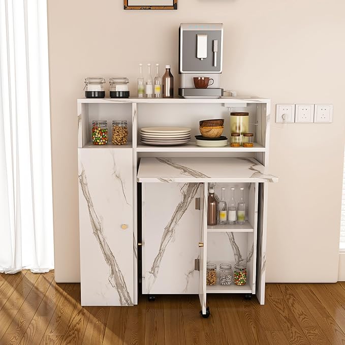 Ball & Cast Multifunctional Folding Dining Table with Wall-Mounted Sideboard & Storage,Wood Kitchen Island w/Four-in-one Socket and Silent Wheels,Space-Saving,Easy to Assemble,for Dining Room,White