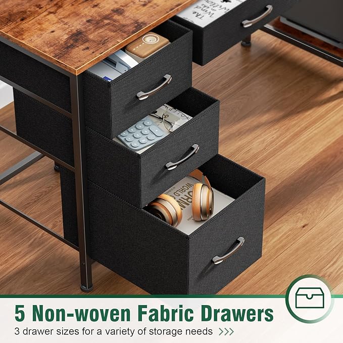Computer Gaming Desk with Hutch, Home Office Desk with Power Outlets, LED Light, 5 Storage Drawers, 2 Tiers Shelves for Display, 39 Inch Modern Study Writing Table for Bedroom, Rustic Brown