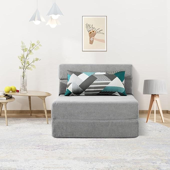 ANONER Folding Sofa Bed Couch Memory Foam Fold Out Chair Bed with Pillow, Single Size Convertible Sofa Bed Futon Sleeper Chair, Light Gray