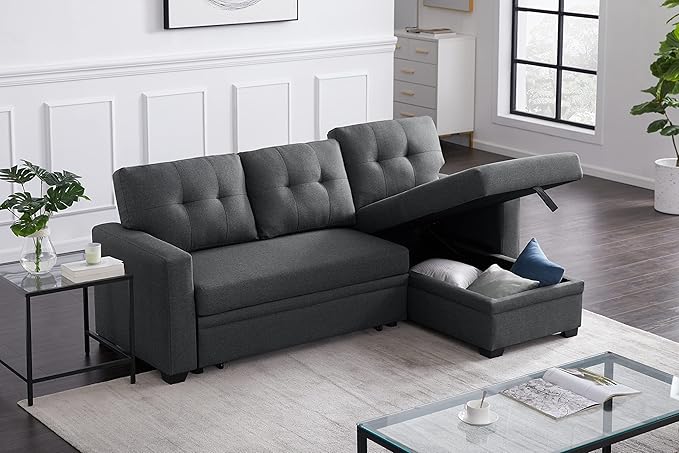 Devion Furniture Garisa 4-in-1 Convertible L Shaped Couch with Pull Out Bed and Storage, Sectional Sleeper Sofa with Reversible Chaise for Living Room, Apartment, Bedroom, Office