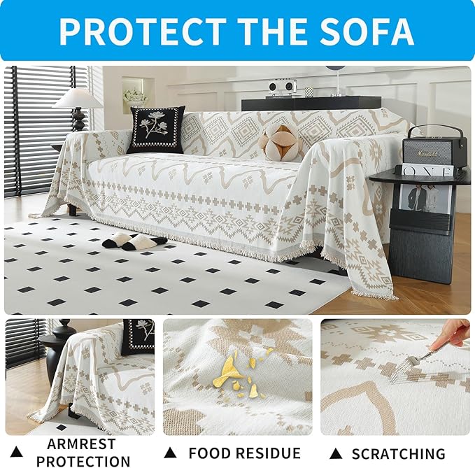 LUFEIJIASHI Boho Couch Covers for Sofa Non Slip Sofa Covers Washable Couch Covers for 3 Cushion Couch Sofa Pet Friendly Sectional Couch Cover Blanket Furniture Protector for Dogs (Khaki, 91"x118")