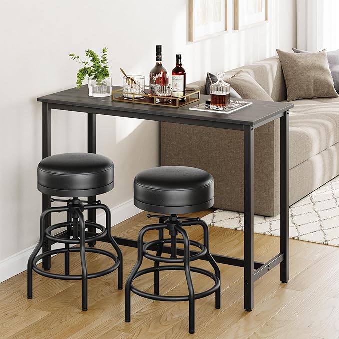 Adjustable Height Swivel Bar Stools Set of 2, 22-29 Inch Industrial Vintage Bar Counter Height Stools with Thicken Premium Bonded Leather Seats & Updated Footrests, Easy Assembly, Black