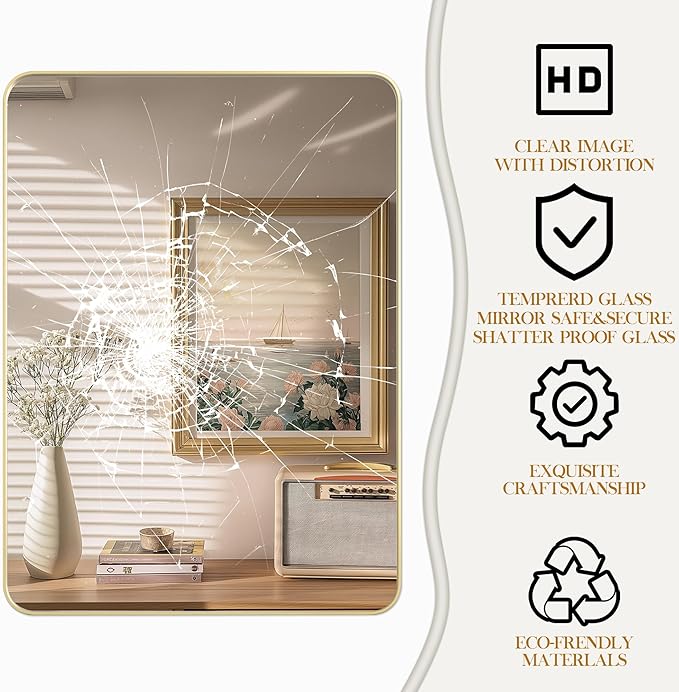 55×36 Gold Bathroom Mirror, Rectangular Bathroom Vanity Mirror for Wall with Rounded Corners & Aluminum Alloy Frame, Tempered-Glass, Modern, Farmhouse, Horizontal/Vertical, Entryway, Bedroom