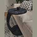 C Shaped End Table for Couch Small Places, Faux Marble Black Space Saver Round Side Table for Sofa and Bedside with Wheels, Coffee and Eating Snack Time Tray for Living Room, Office