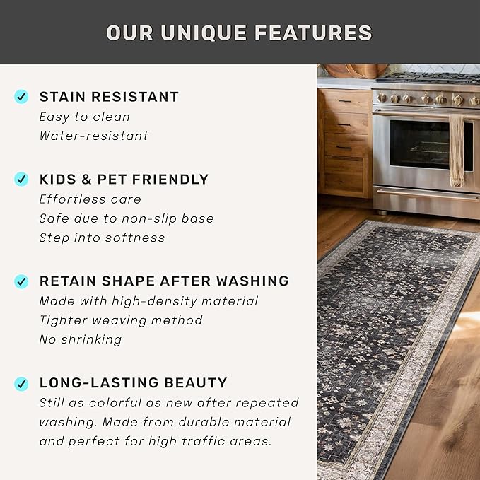 Boho Dining Room Rugs for Under Table - 6x9 Washable Black Area Rug for Living Room, Low Pile Non-Slip Rugs for Bedroom, Office - Charming Farmhouse Decor & Stain Resistance (6x9 Black/Multi)