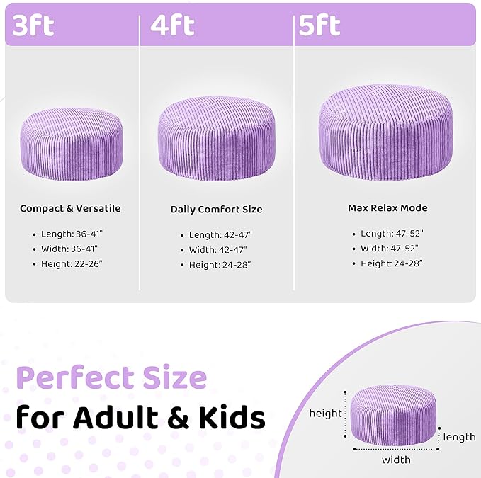 HABUTWAY 4FT Bean Bag Chair, 4' Large Bean Bag Chairs for Adults with Removable Stripe Plush Cover, Memory Foam Beanbag Chair for Living Room Bedroom Dorm (Purple)