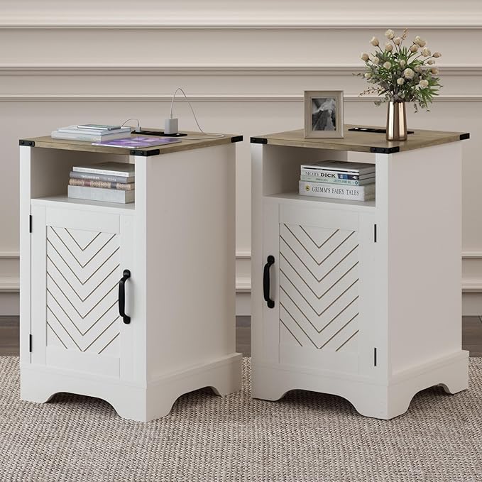RoyalCraft Nightstand Set of 2, White End Table with Charging Station, Tall Farmhouse Bedside Table with Large Storage and Shelf, Wooden Side Table with for Bedroom, Home Office, White and Rustic Oak
