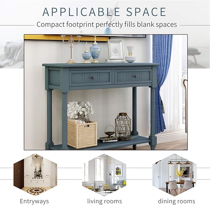 Bellemave Console Table with Drawers, Retro Entryway Table with 2 Drawers and Open Storage Shelf, Narrow Long Sofa Table, Behind Couch Table for Living Room, Foyer and Hallway,Navy