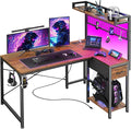 PRAISUN L Shaped Gaming Desk with Shelves, Corner Computer Table with LED Lights, Power Outlets and USB-C Ports, 42 Inch Reversible Home Office Desk with Storage Drawer, Work and Study, Rustic Brown