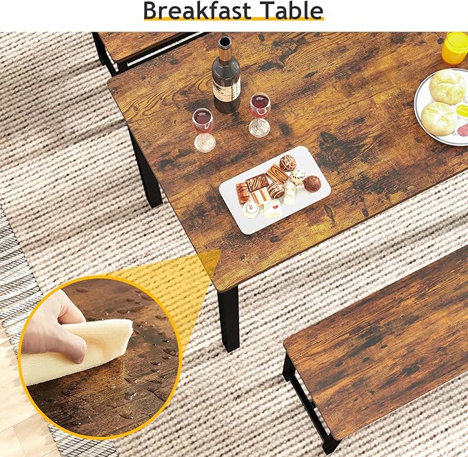 Rovibek Dining Table Set for 4 with 2 Benches – Space-Saving Kitchen Table Set for Kitchen & Dining Room, Brown