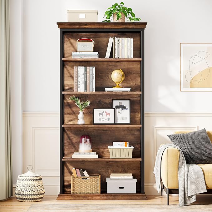 Tribesigns 6-Tier Bookcase, 71 Inches Industrial Bookshelves and Bookcases, Floor Standing 5 Shelf Display Storage Shelves Tall Bookcase for Home Office, Living Room, Bed Room, Brown and Black
