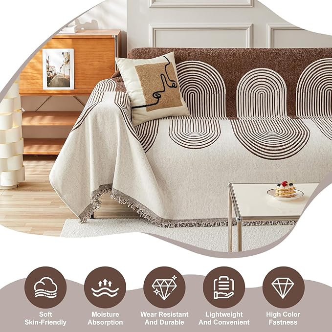 STACYPIK Soft Boho Chenille Couch Cover for Pets Beige Khaki Sofa Cover for 3 Cushion Couch Non Slip Furniture Protector with Tassels Geometric Couch Cover L Shaped Pet Friendly Washable-71x134IN