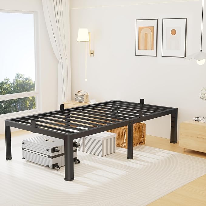 16 Inch Twin Size Metal Platform Bed Frame with Round Corners, Storage Space Under High Bed Frame-Heavy Duty Steel Slats Support, Noise Free - Easy Assembly - No Box Spring Needed