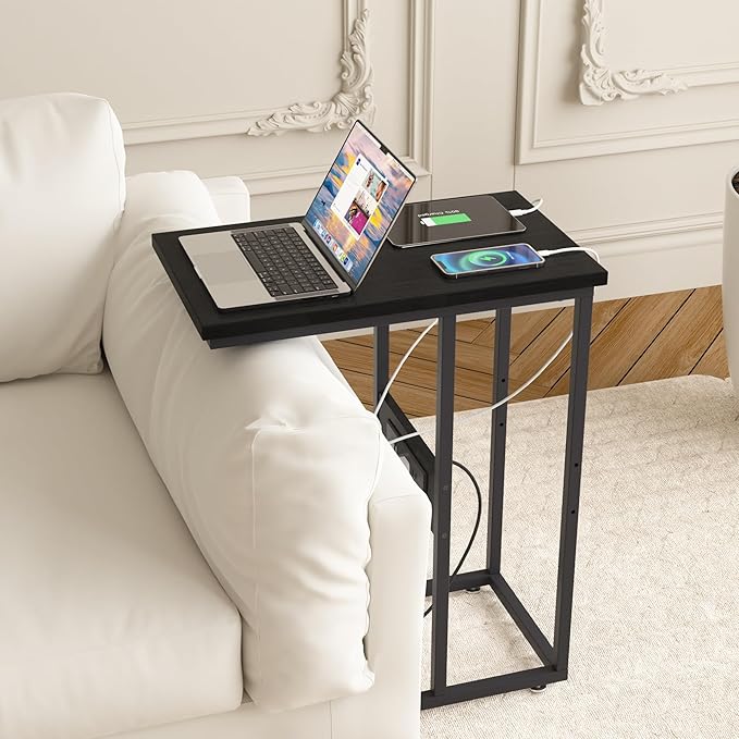VECELO C Shaped End Side Table with Charging Station & Power Outlets for Couch Sofa/Bed, Snack TV Tray with Metal Frame for Living Room Bedroom 1 Set, Black