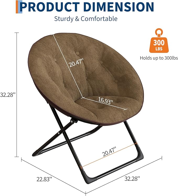Saucer Chair, XL Foldable Lounge Chair for Bedroom/Dorm, Plush Comfy Seat with Non-Slip Base for Teens & Adults, Faux Fur Accent Chair, Brown