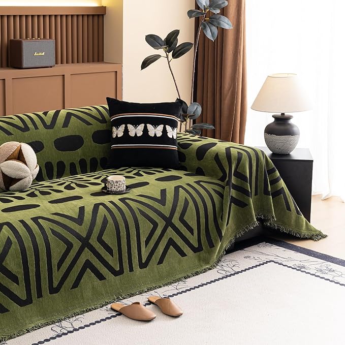 HANDONTIME Boho Couch Cover Geometric Striped Pet Covers for Couches and Sofas Olive Green and Black Dog Cover for Couch Pet Friendly Chenille Sectional Sofa Covers for Pets Washable, 71" X 134"