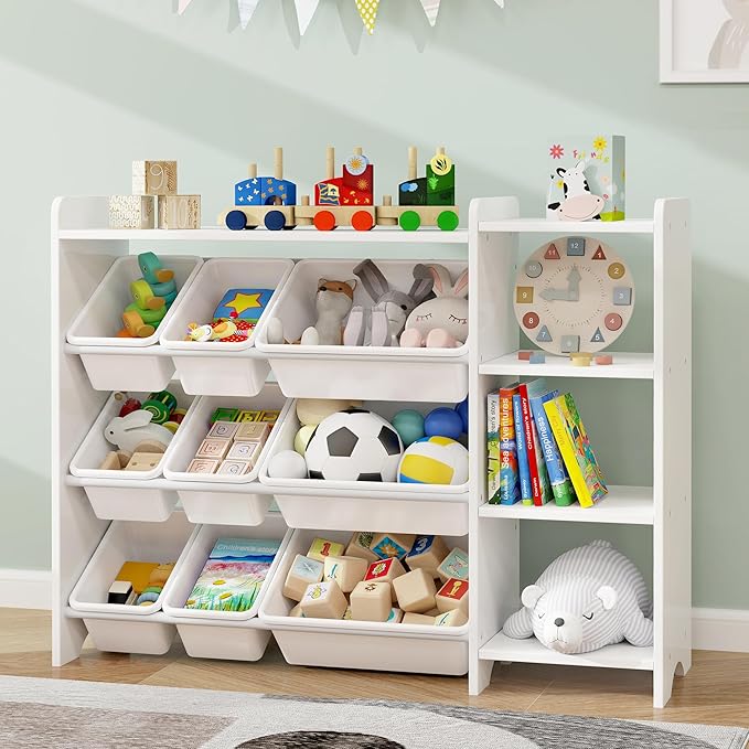 MallBest 4-Tier Kids' Toy Storage Organizer Shelf - 100% Solid Wood,Children's Storage Cabinet with 9 Plastic Bins and 3 Storage Ports(White-Single Color)
