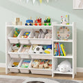 MallBest 4-Tier Kids' Toy Storage Organizer Shelf - 100% Solid Wood,Children's Storage Cabinet with 9 Plastic Bins and 3 Storage Ports(White-Single Color)