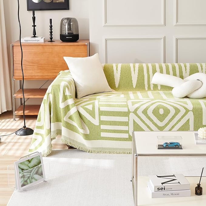 HANDONTIME Green Sofa Covers Chenille Couch Covers Universal Sofa Cover Boho Cover for Sofa 3 Seats Dogs Couch Furniture Protector Couch Cushion Covers Sectional Couch Covers for L Shaped, 91" X118"