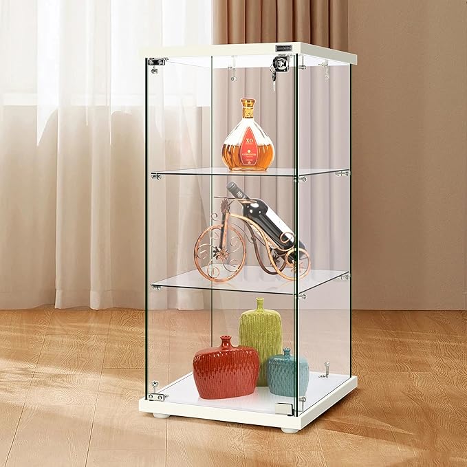 VIVOHOME 3 Layers 16''W x 16''D x 33''H Glass Display Cabinet Showcase Countertop with Lock, 4mm Tempered Glass 25mm MDF Base