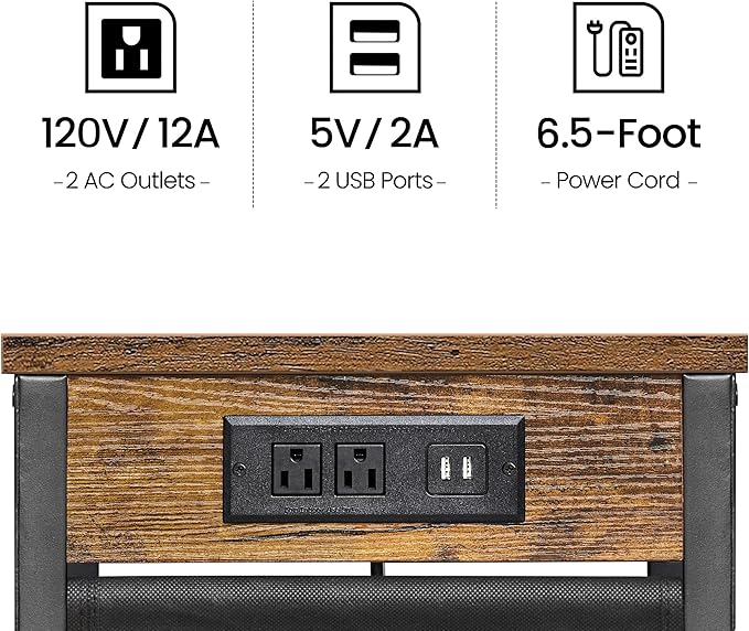 TUTOTAK C Shaped End Table with Charging Station, Side Table for Sofa, Couch Table with Storage Bag, TV Tray with 2 USB Ports and Outlets for Living Room, Bedroom, Brown TB01BB024